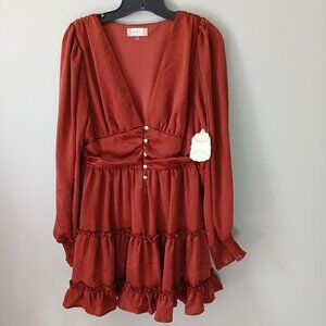Altar'd State Orange Dress Size M V-neck Long Sleeve Button Ruffle Tiered NWT